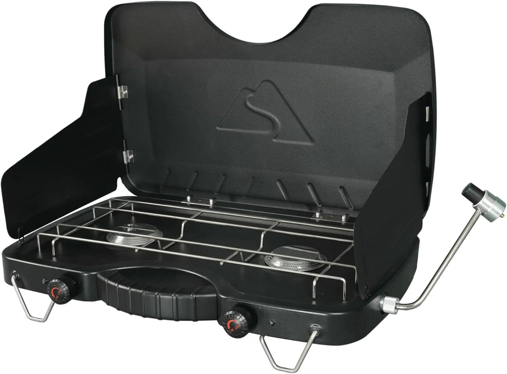 Ozark Trail 2 Burner Propane Gas Camping Stove, Black, Portable Dual Burner, Adjustable Temperature Control, Built-in Wind Guards, 20,000 BTU Heat Output, Ideal for Outdoor Camping