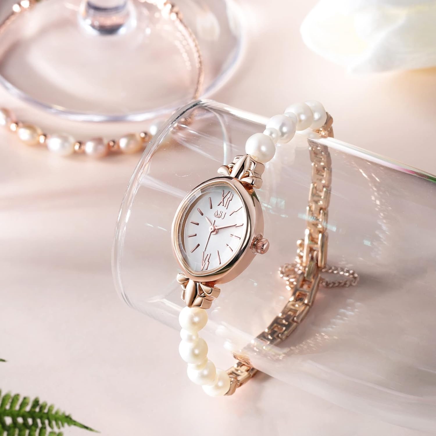Natural Pearl Watch and Bracelet Set for Women, Rose Gold Oval Dial G8080