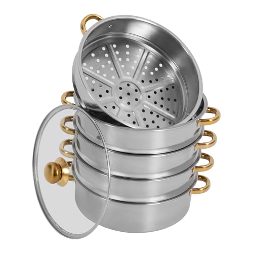 5 Tier Stackable Stainless Steel Steamer Pot with Glass Lid, 28cm A983