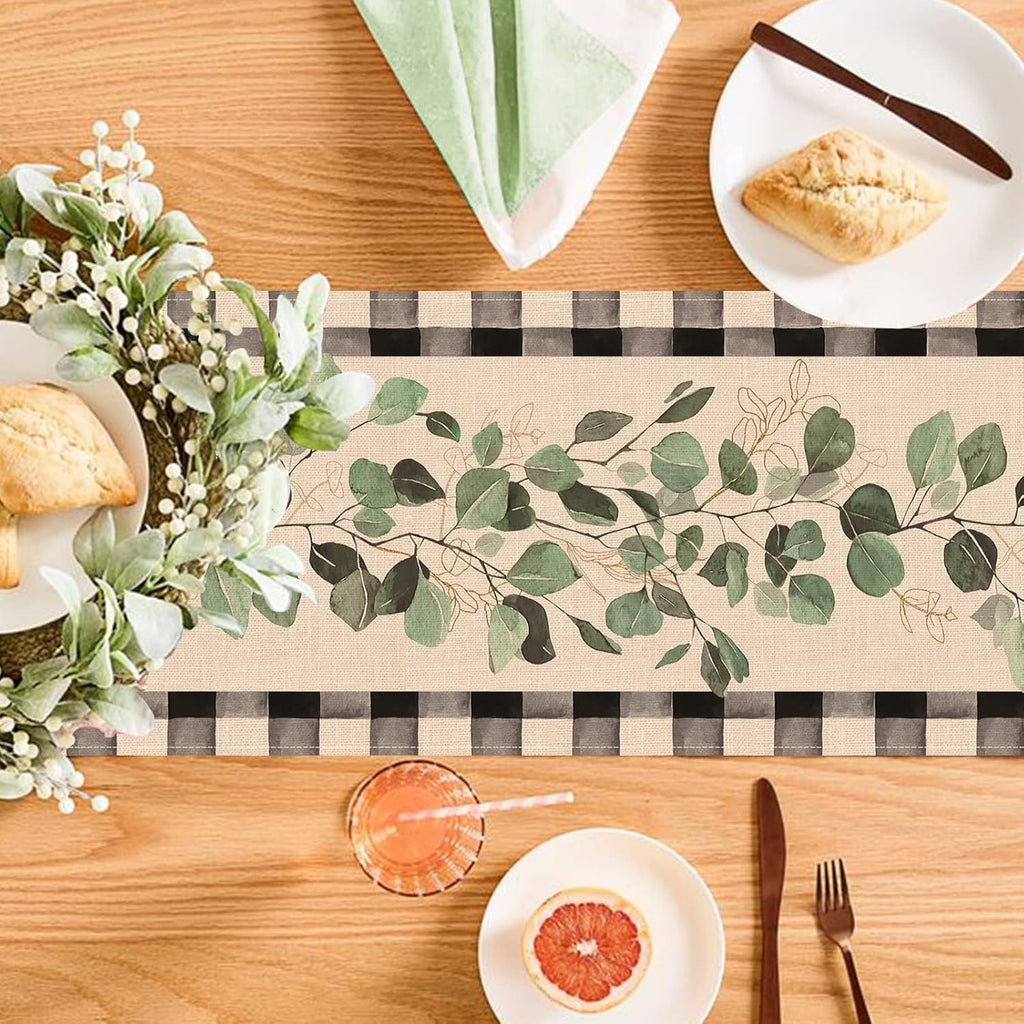 Eucalyptus Leaves Greenery Table Runner, Black White Buffalo Plaid Check, 13 x 90 Inches N799