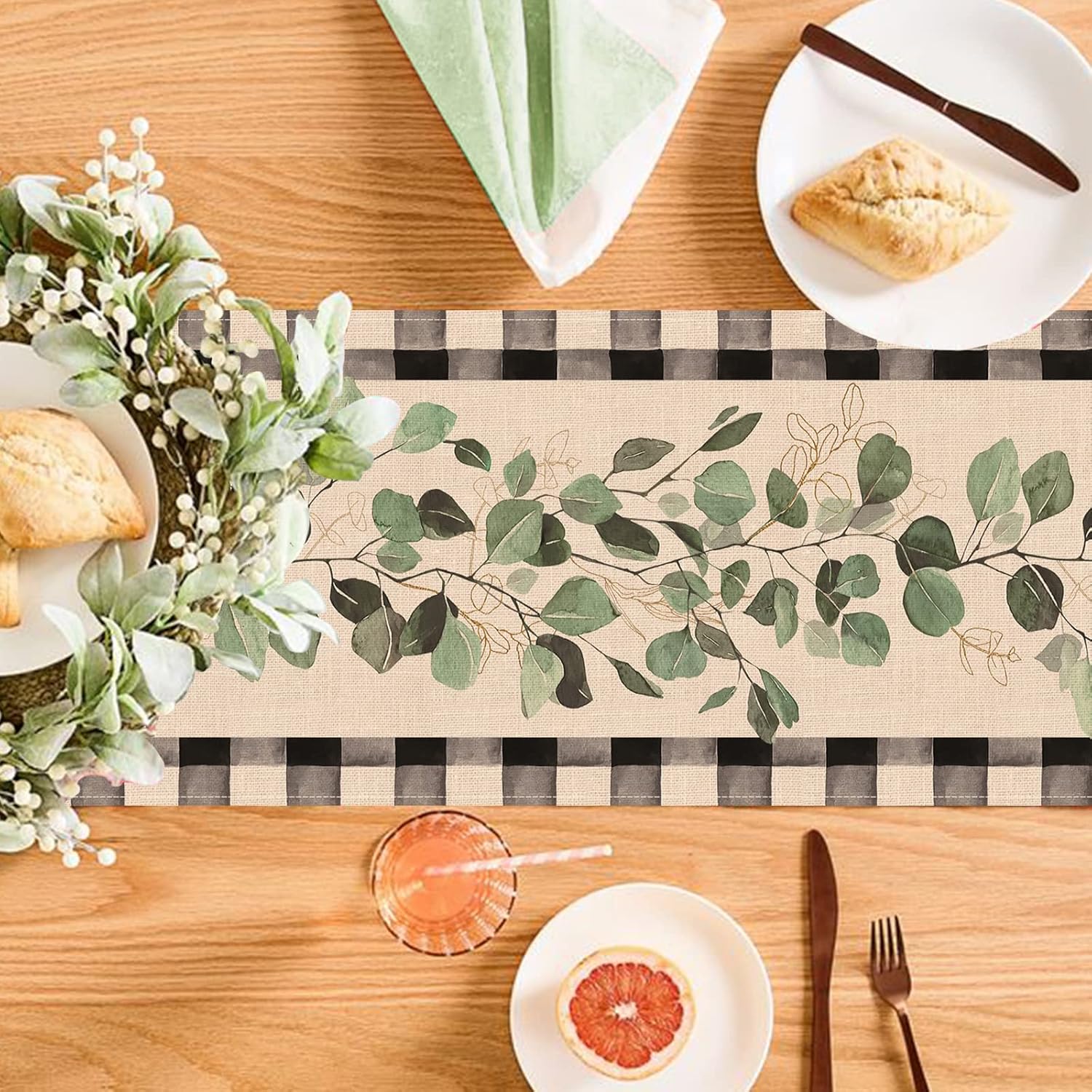 Eucalyptus Leaves Greenery Table Runner, Black White Buffalo Plaid Check, 13 x 90 Inches N799