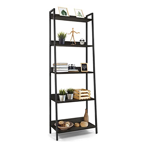 5 Tier Ladder Bookshelf, 24 Inch Wide, Freestanding Bookcase for Home Office, Living Room, Kitchen F694