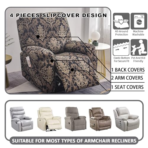 Recliner Slipcovers with Arms, 4-Piece Non-Slip Chair Cover with Storage Pockets F712