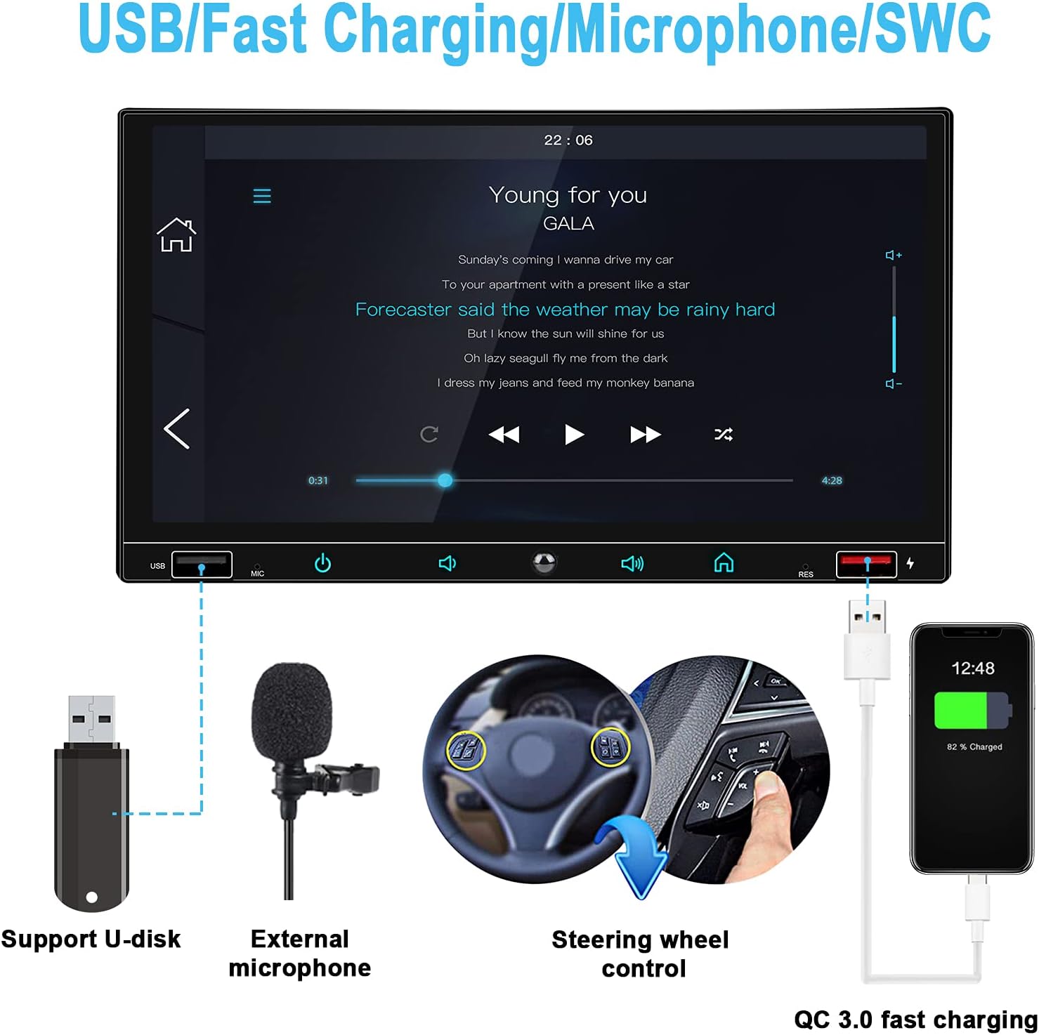 Double Din Car Stereo with 7 Inch Touchscreen, Carplay and Android Auto C339