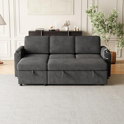 L-Shaped Sofa Bed with Chaise and Cup Holder, Convertible Sleeper, Dark Grey W207865