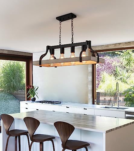 Farmhouse Linear Chandelier Black Wood Finish 4-Light Hanging Pendant P181031