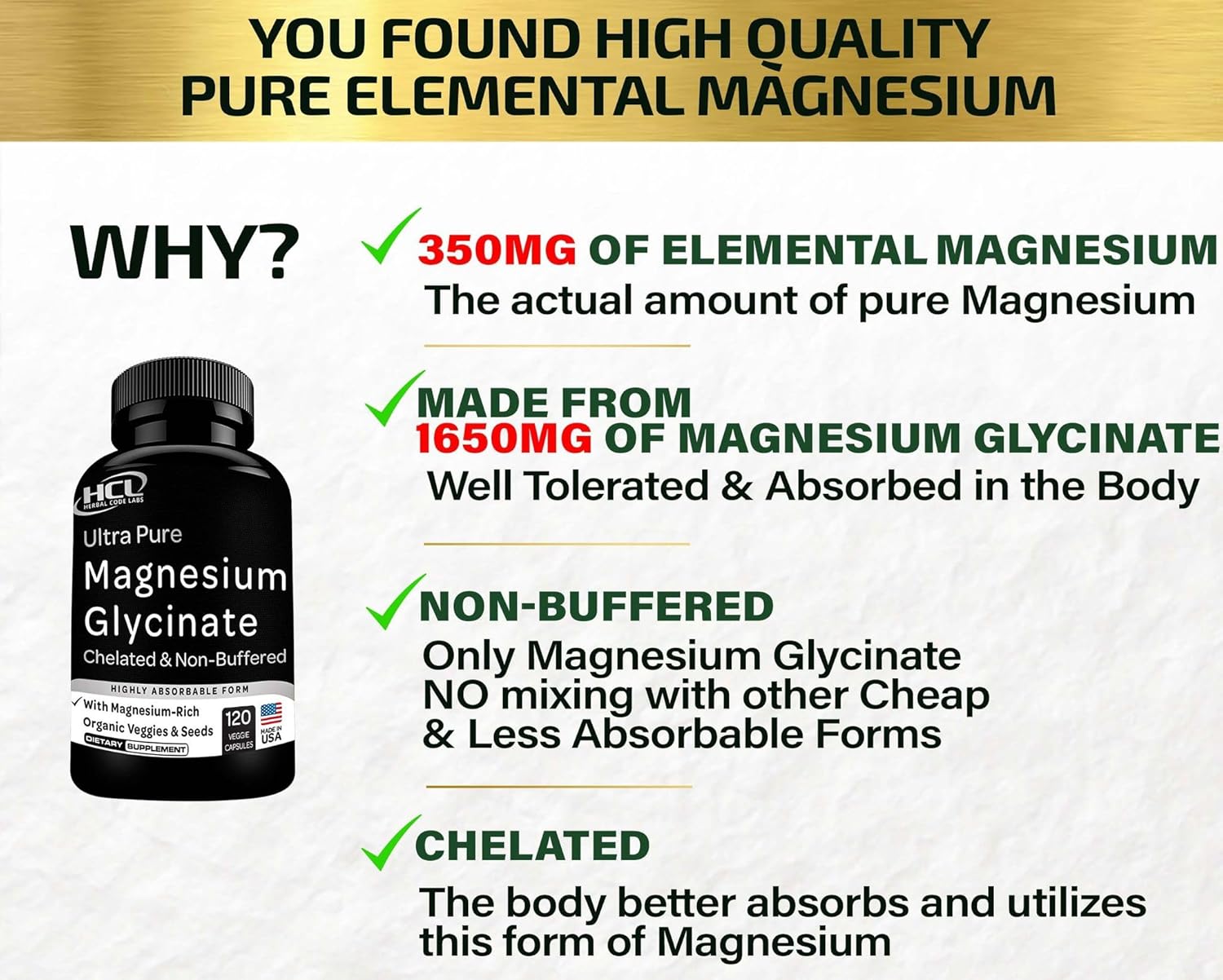 Magnesium Glycinate Capsules 350mg, Chelated High Absorption K210209