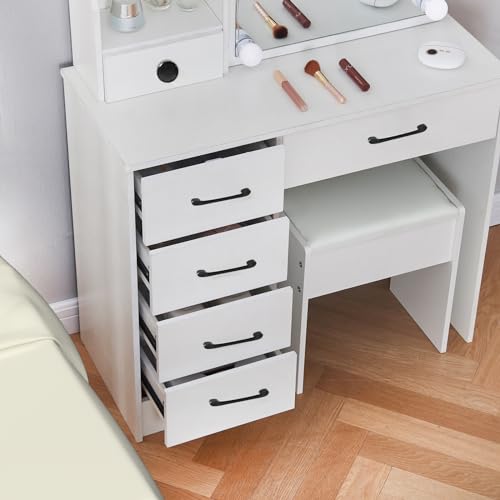 White Vanity Desk with Makeup Mirror and 10 Lights, 6 Drawers, Storage Shelves, Stool T1165