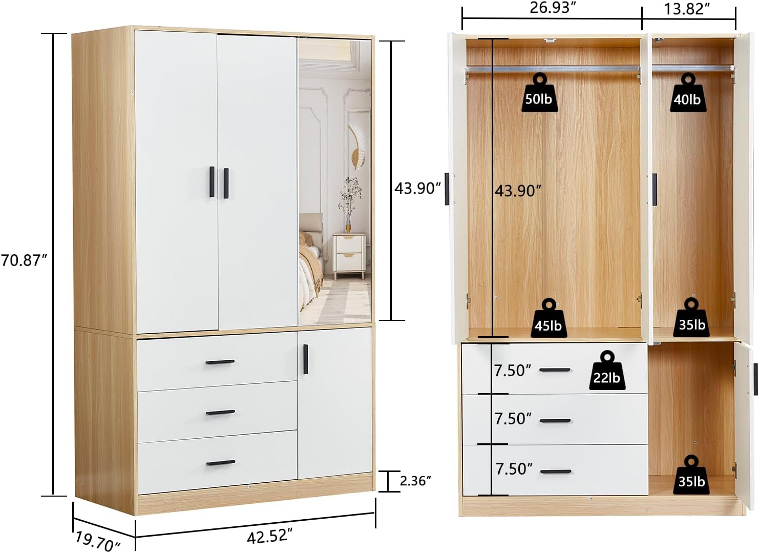 Wardrobe Closet with 3 Drawers, 2 Doors, and Mirror C1354