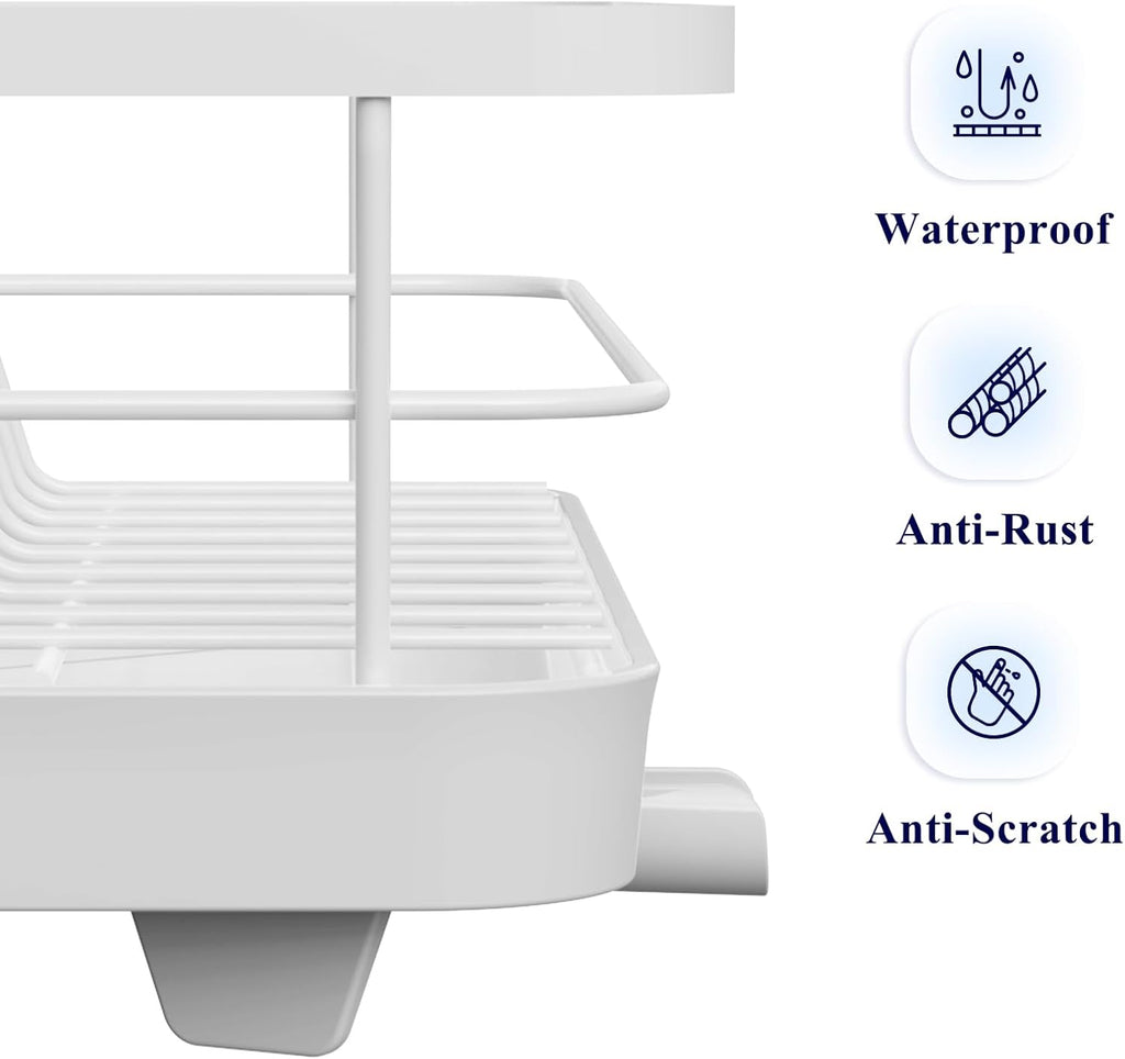 Dish Drying Rack for Kitchen Counter, Stainless Steel with Cutlery Holder, White D503