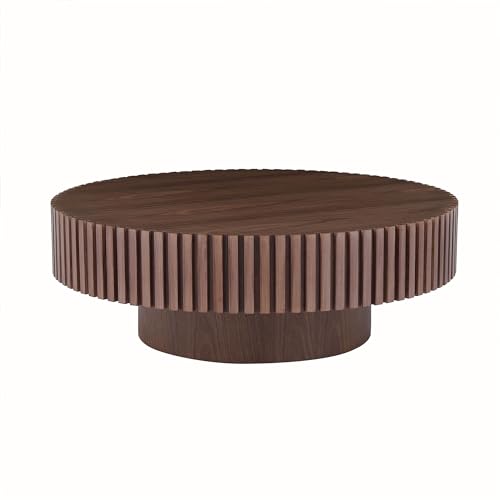 Round Coffee Table, Mid Century Modern Fluted Wood Drum Table for Living Room G127