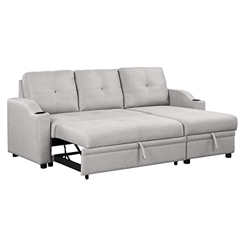 80.3" Pull Out Sofa Bed Modern Padded Upholstered Sofa Bed, Linen Fabric 3 Seater Couch with Storage Chaise and Cup Holder, Small Couch for Small Spaces Primary Living Room Sectionals
