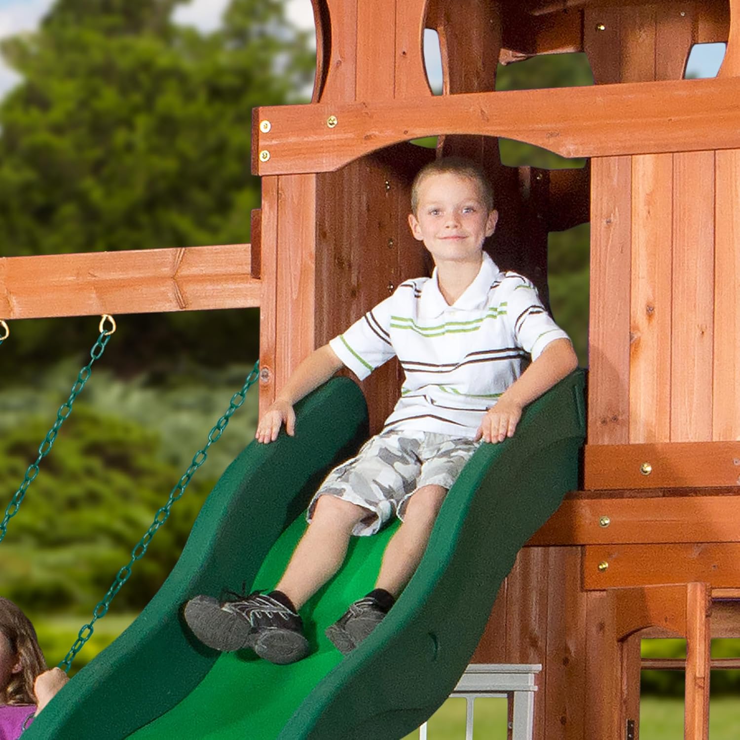 All Cedar Wooden Playset Swing Set with 2 Belt Swings, Trapeze Bar, 10 ft Wave Slide, Covered Playhouse, Rock Wall J462627