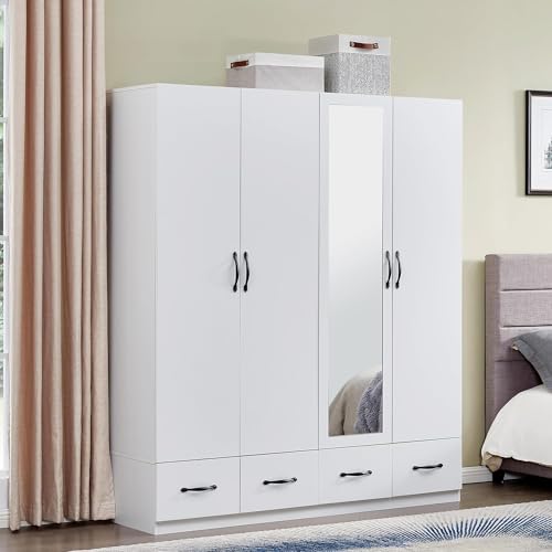 2 Door Wardrobe Cabinet with Storage Drawers and Hanging Rod, White U865