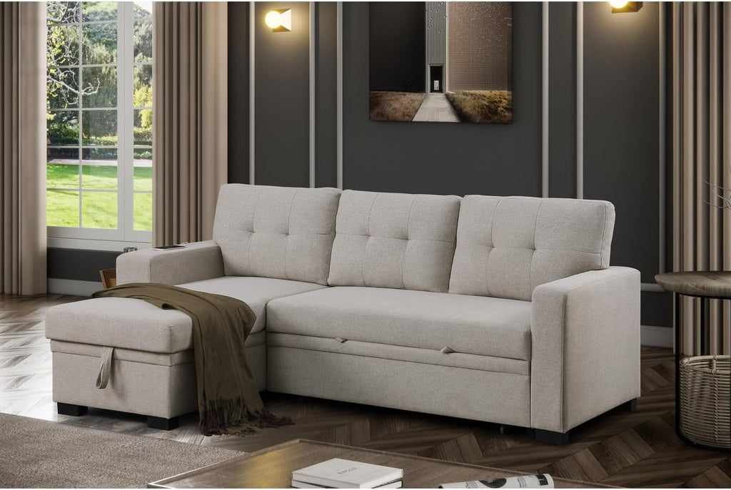 Modern L-Shaped Sleeper Sectional Sofa Bed with Chaise, Light Gray Z26874