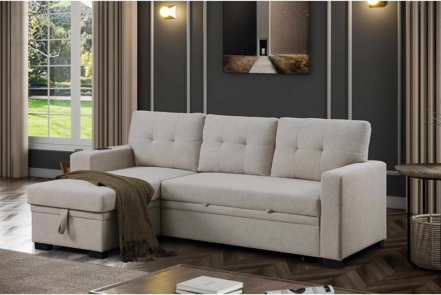 Modern L-Shaped Sleeper Sectional Sofa Bed with Chaise, Light Gray Z26874