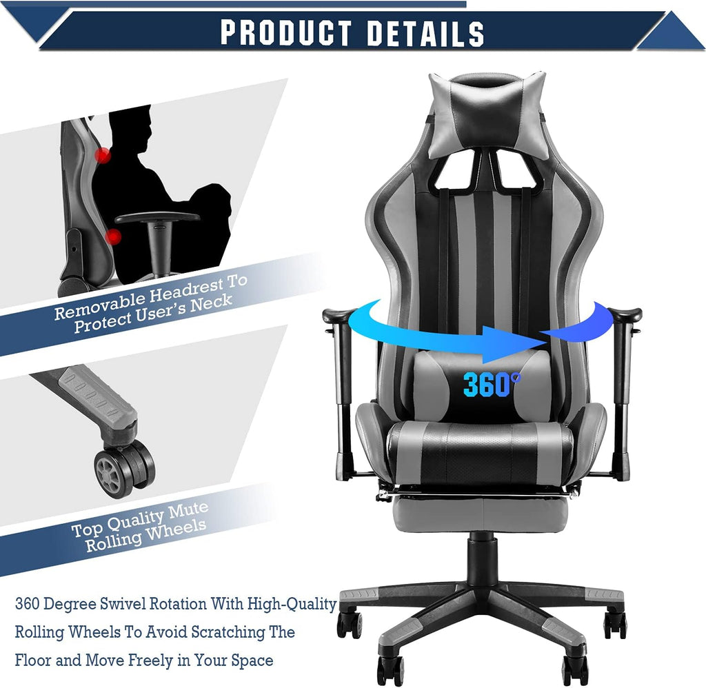 Gaming Chair with Footrest, Swivel Desk Chair, Adjustable Headrest and Lumbar Pillow C3198