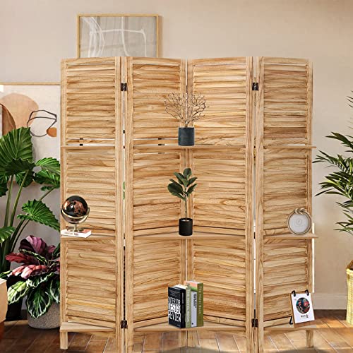 4 Panel Wooden Room Divider with Shelves, Freestanding Folding Privacy Screen B355