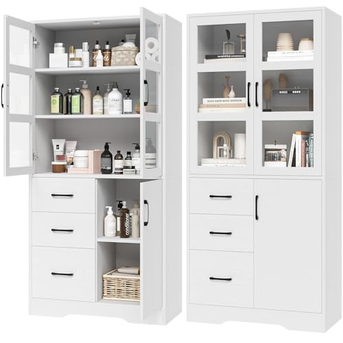 2 Pack Tall Bookshelves with Glass Doors and 3 Drawers, Black F273