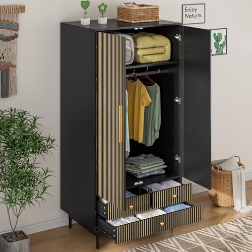 Wooden Wardrobe Closet with 2 Fluted Doors and 3 Drawers W2191
