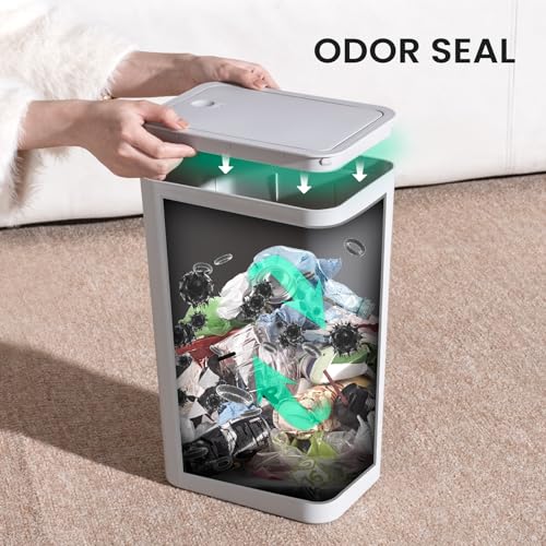 Bathroom Trash Can with Lid, 4 Gallon / 15 Liter, Plastic Wastebasket, White K52378