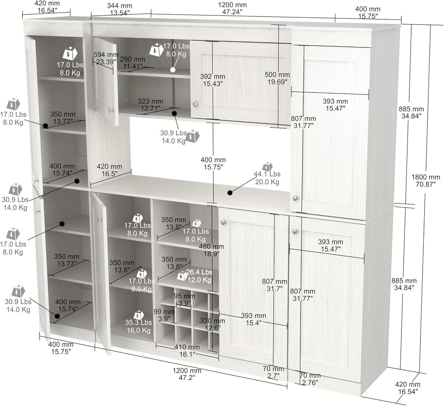 Shaker Style 4-Piece Buffet Storage System with 2 Tall Cabinets, Washed Oak R39755