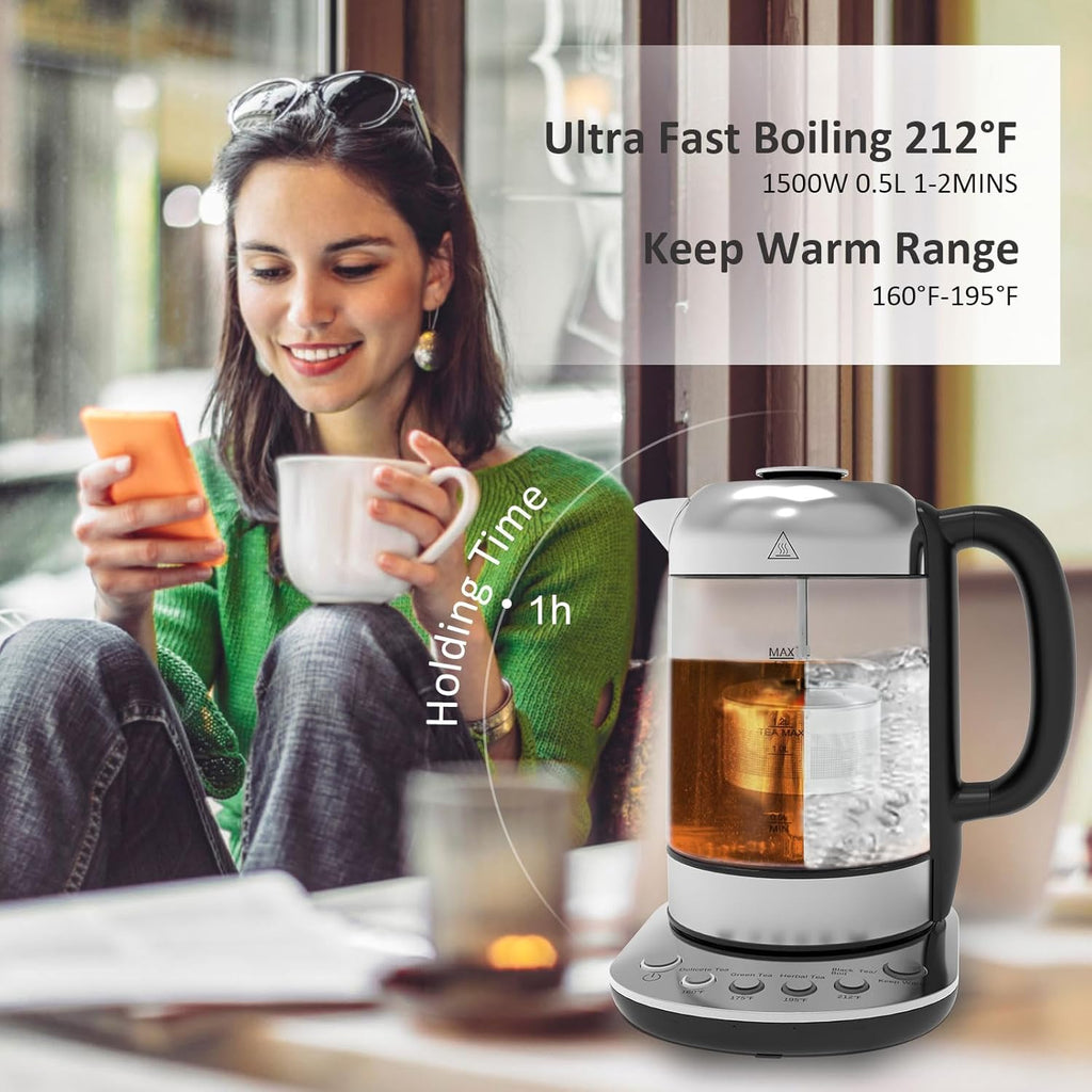 Smart Electric Kettle with Temperature Control & Tea Infuser - 1.7L Glass Water Boiler V7310