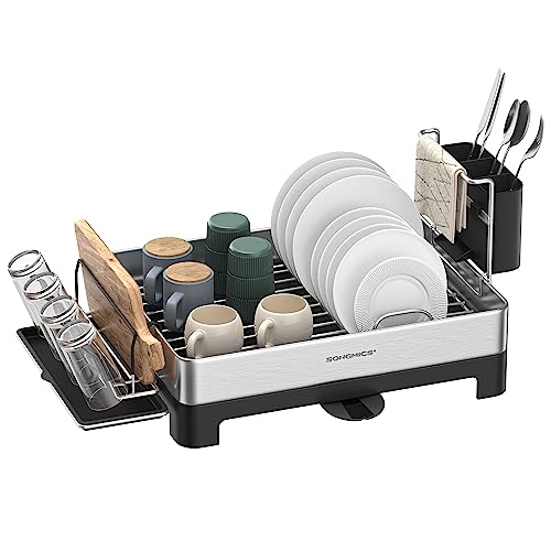 SONGMICS Large Dish Drying Rack, Premium Stainless Steel Dish Rack with Rotatable Spout, Fingerprint-Resistant Dish Drainers for Kitchen Counter, 12.5 x 22.5 in, Silver and Gray UKCS030E01