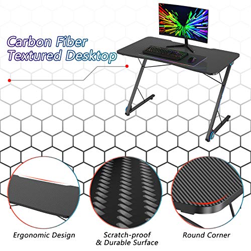 Gaming Computer Desk with LED Lights and Carbon Fiber Surface A225