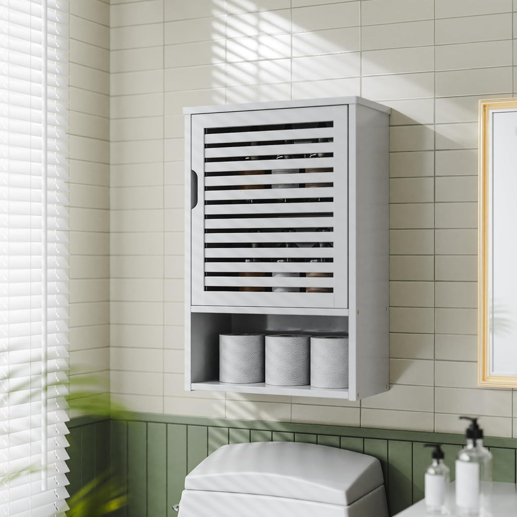 Bamboo Bookshelf Wall Cabinet with Adjustable Shelves and Hanging Hooks, White S151
