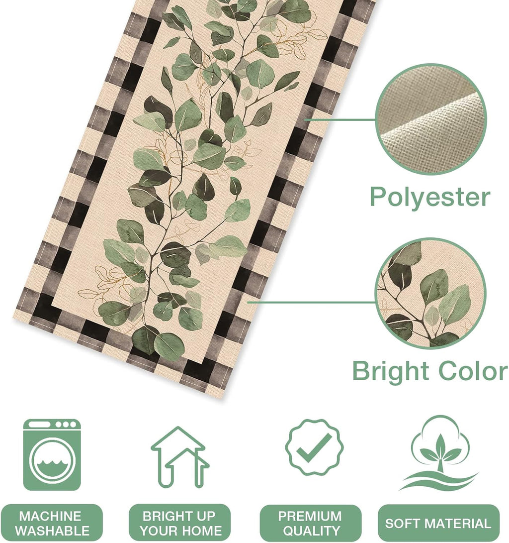 Eucalyptus Leaves Greenery Table Runner, Black White Buffalo Plaid Check, 13 x 90 Inches N799