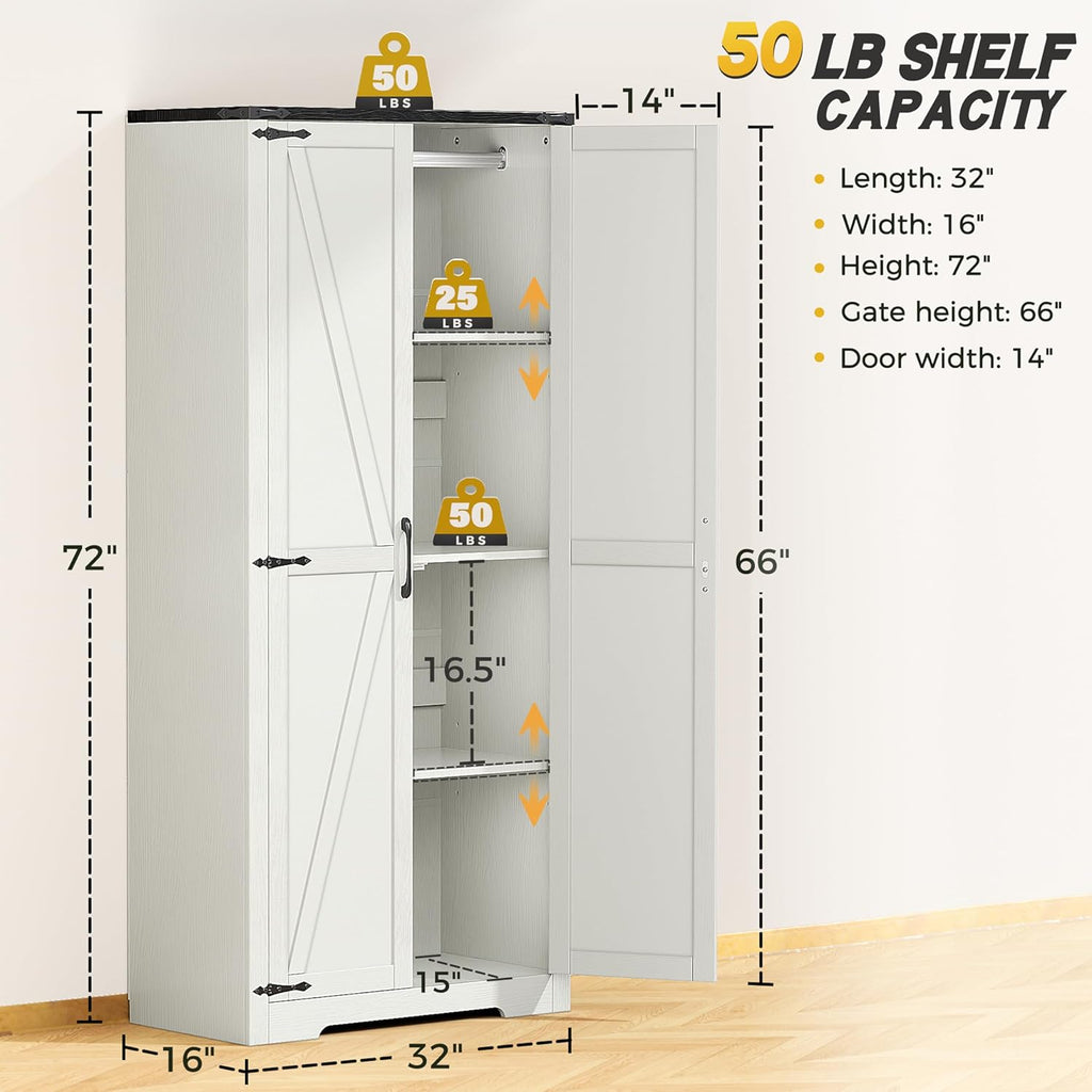 Wardrobe Closet with Doors, White Storage Cabinet with Hanging Rod R927973