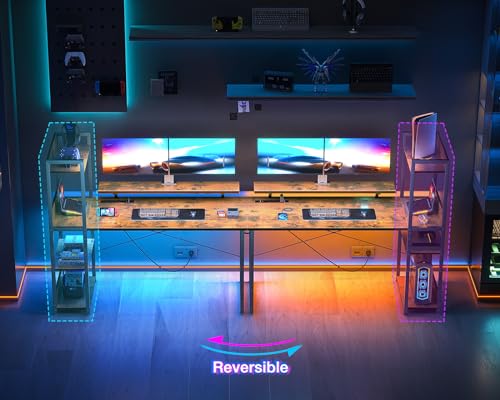 Reversible Gaming Desk with Power Outlets, 40 Inch Computer Desk with Storage Shelves and Monitor Stand U9097