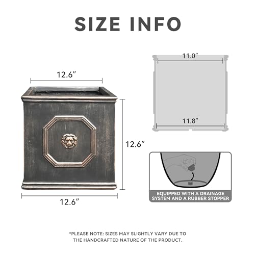 Square Lion Head Concrete Planter with Drainage Hole, 10.2" Antique Gray F955