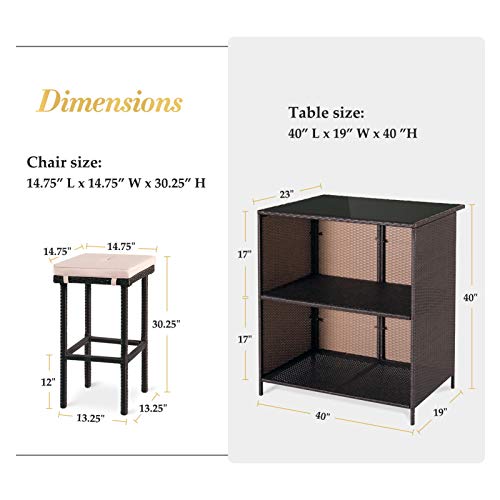Outdoor Bar Set 3-Piece Brown Wicker Patio Furniture with Glass Top and Two Stools P403769