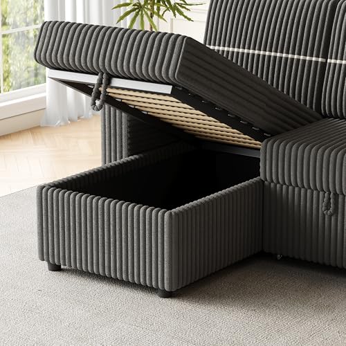 L-Shaped Sleeper Sectional Sofa Bed with Storage Chaise, Corduroy, Brown R16933