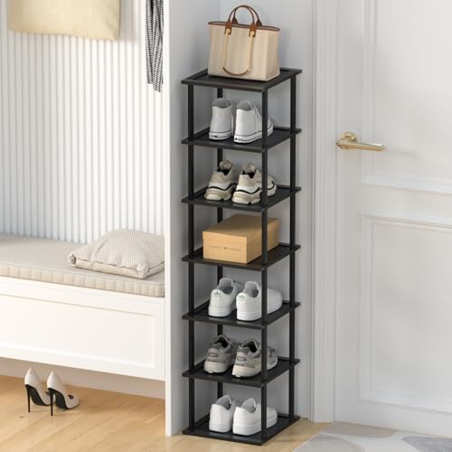 12 Tier Tall Bamboo Shoe Rack Shelf, Wooden Free Standing Stackable Shoes Rack Organizer for Closet, Front Door Entrance, Narrow Vertical Shoe Storage Rack for Entryway Garage Small Space Corner Stand