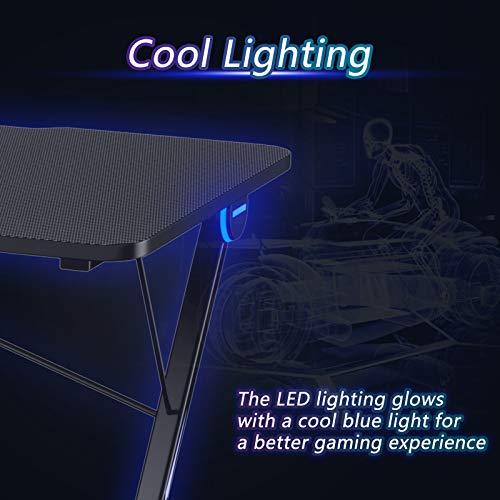 Gaming Computer Desk with LED Lights and Carbon Fiber Surface A225