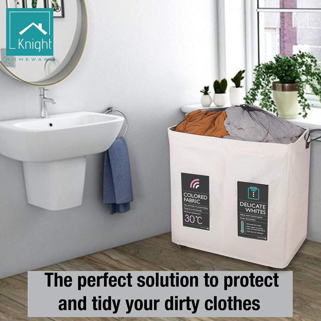 120L Collapsible Laundry Basket with Wheels, 2 Section, Mesh Cover X768805
