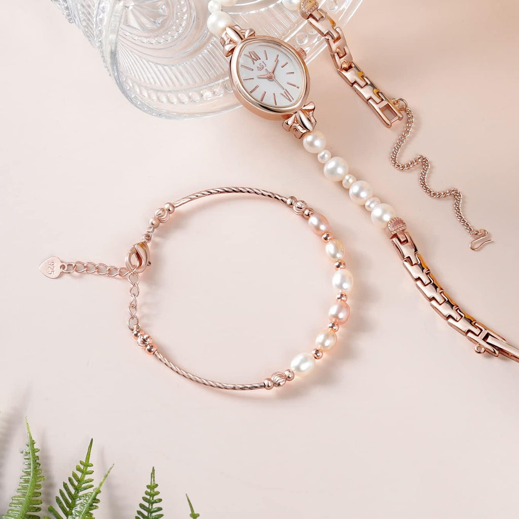 Natural Pearl Watch and Bracelet Set for Women, Rose Gold Oval Dial G8080