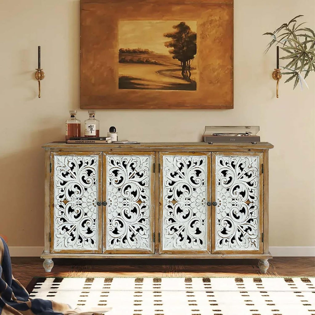 Accent Cabinet with 4 Doors, Wood Carved Floral Storage Sideboard Z52452