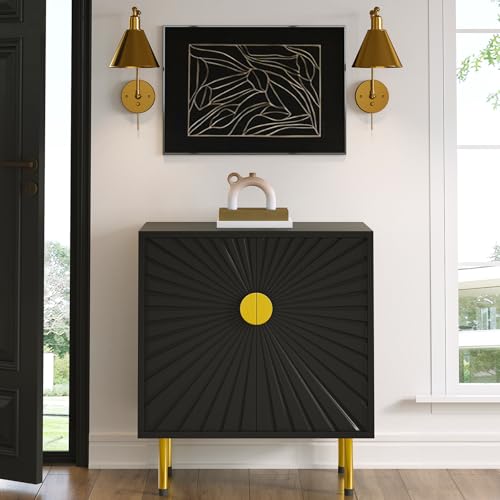 White Accent Storage Cabinet with Gold Handles and Flower Pattern Doors W867
