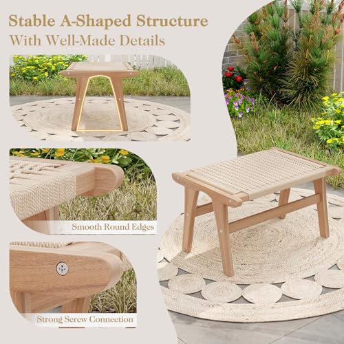 Teak Wood Ottoman Footstool with Braided Rope, 14" H B563