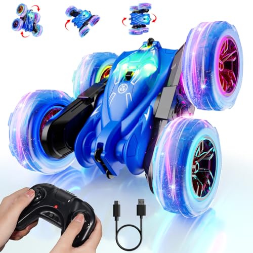 MaxTronic Fast Direct Charging Remote Control Car with LED Lights, Rc Cars for Kids 360° Rotating Double Sided Fast Flips 2.4Ghz 4WD All Terrain RC Stunt Toys for Ages 3-12 Years Old Boys Girls