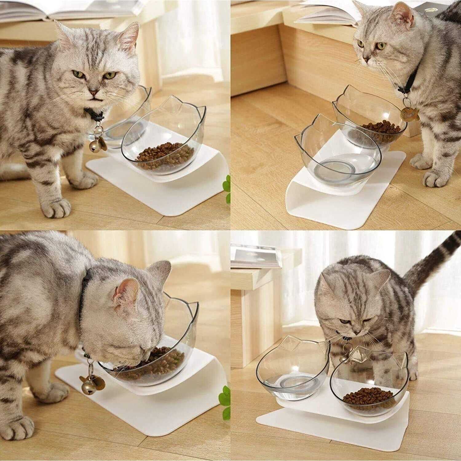 Raised Cat Bowl with Stand, Tilted Anti-Vomiting Double Bowl for Kittens X6426