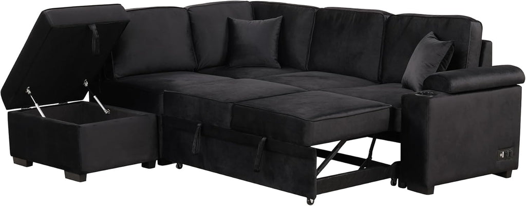 Sleeper Sofa Bed with Storage Ottoman, L-Shape Pull Out Couch L78390