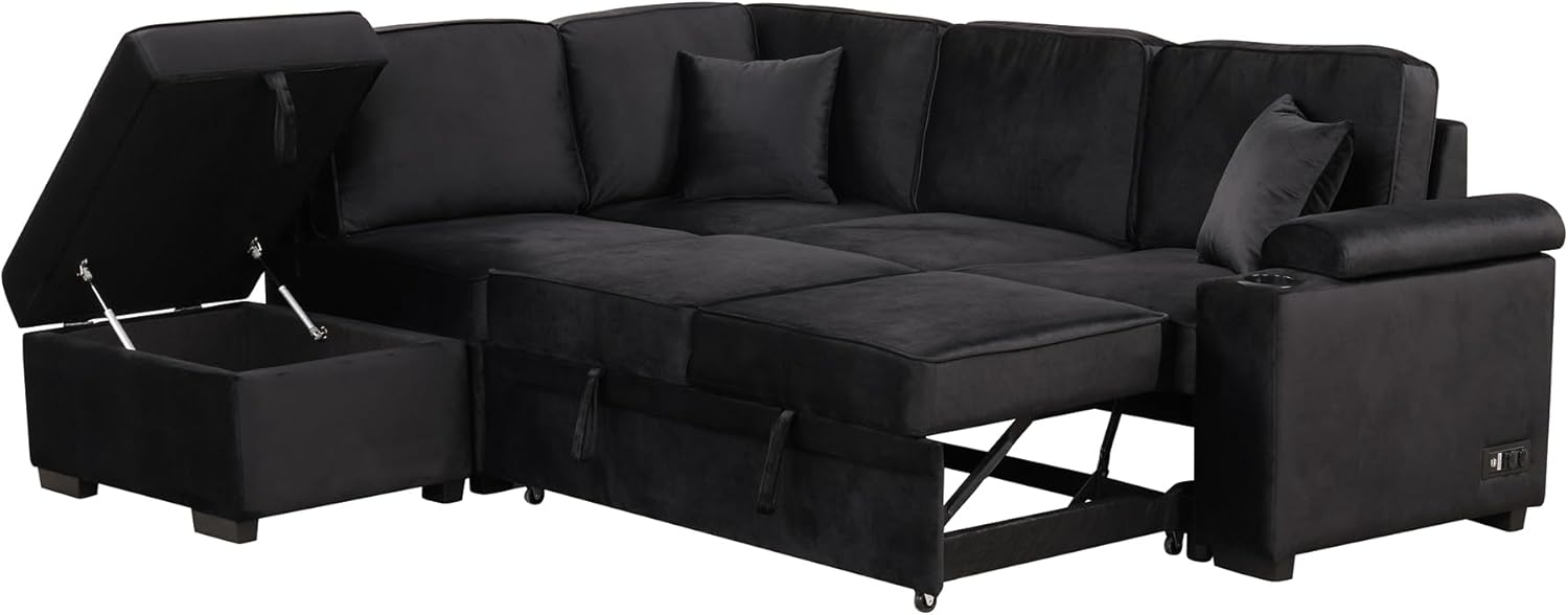 Sleeper Sofa Bed with Storage Ottoman, L-Shape Pull Out Couch L78390