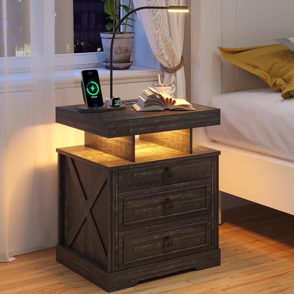 Nightstand Side Table with Wireless Charging Station and 2 Drawers J6619