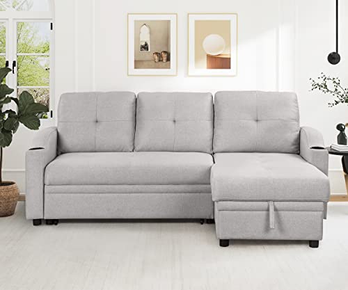 Pull Out Sofa Bed with Storage Chaise and Cup Holder U492