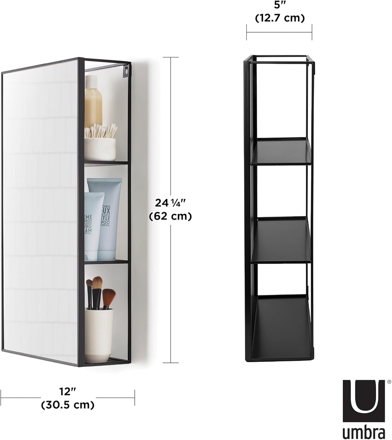 Black Metal Bathroom Mirror Storage Cabinet with 3 Shelves G8110